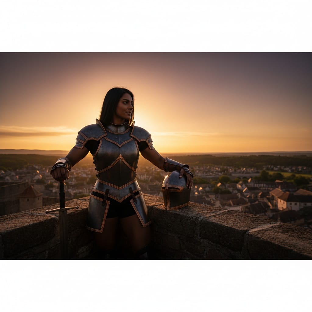athletic indian woman battlements overlooking kingdom 48988537