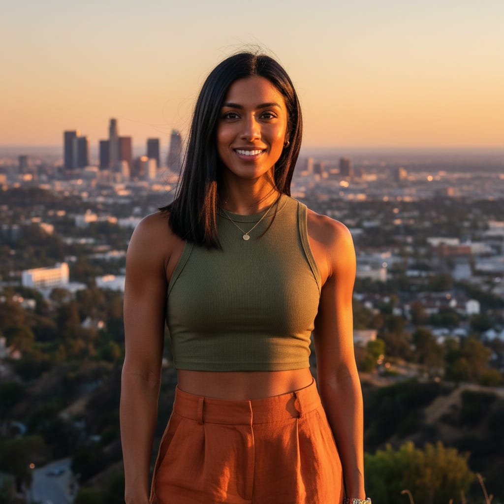 athletic indian woman hollywood hills overlook sunset 81058324