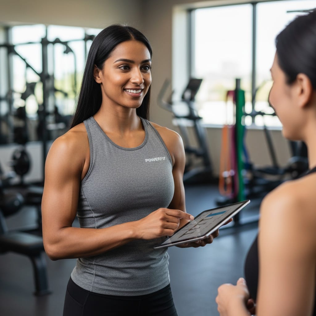 athletic indian woman personal training consultation 85865009