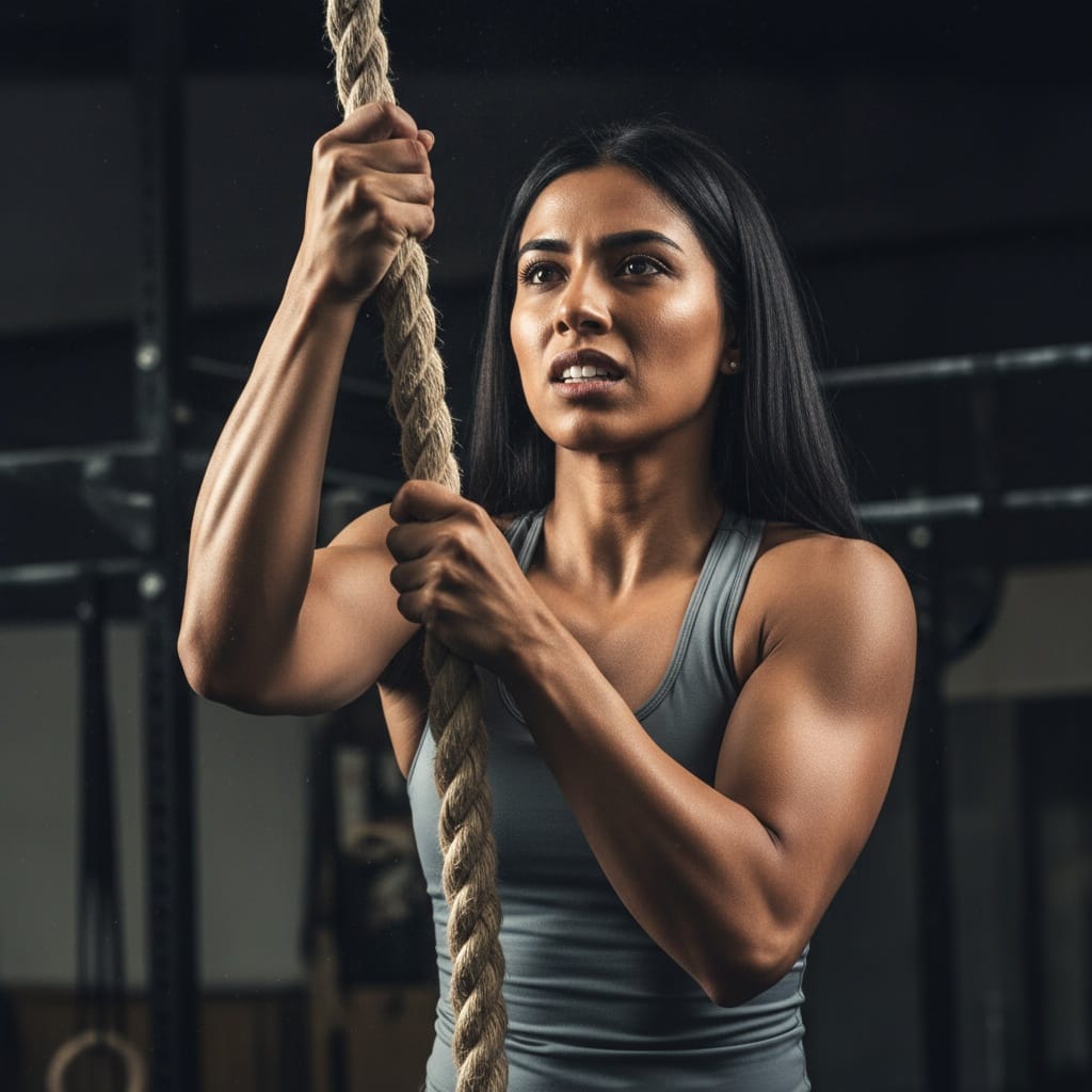 athletic indian woman rope climb gritty determination 33003453