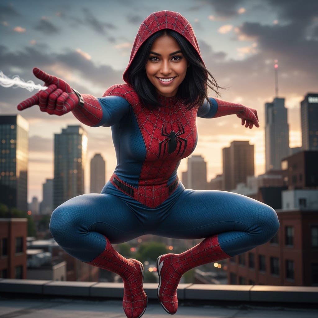 athletic indian woman spider man web slinging action 82727110