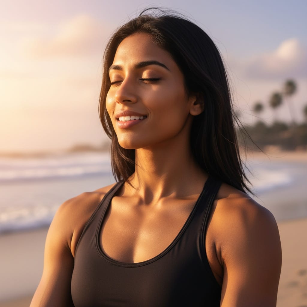 athletic indian woman sunset beach meditation closeup 40989275