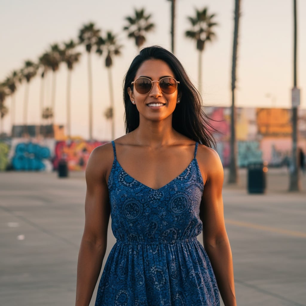 athletic indian woman venice beach boardwalk golden hour 49667090