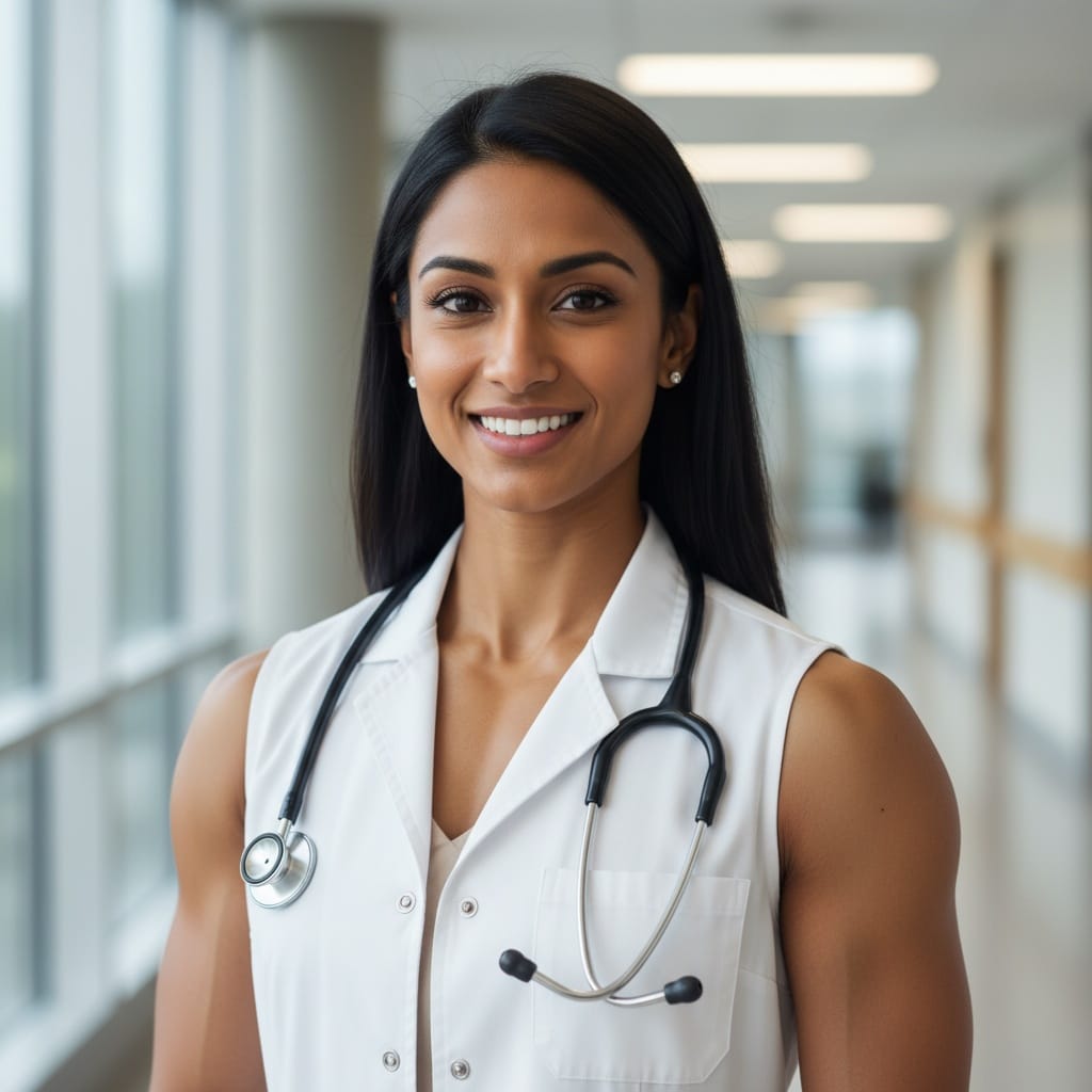 athletic indian woman white coat hospital background 28308599