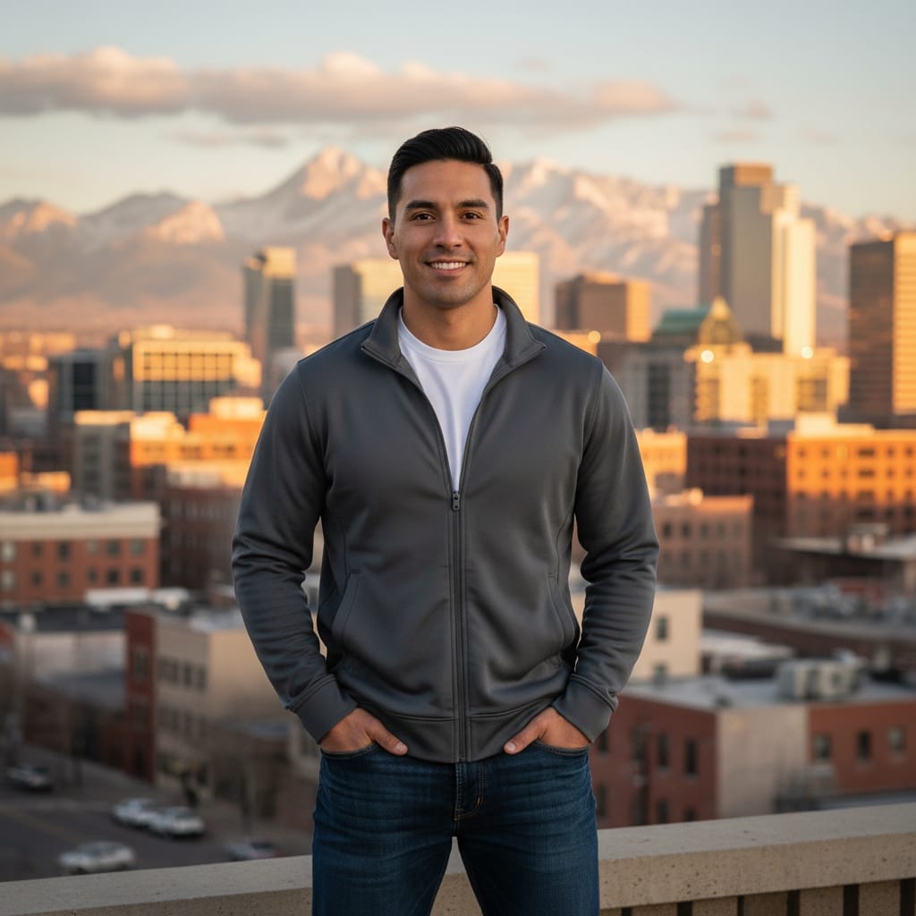 athletic latino man downtown denver skyline backdrop 46561394