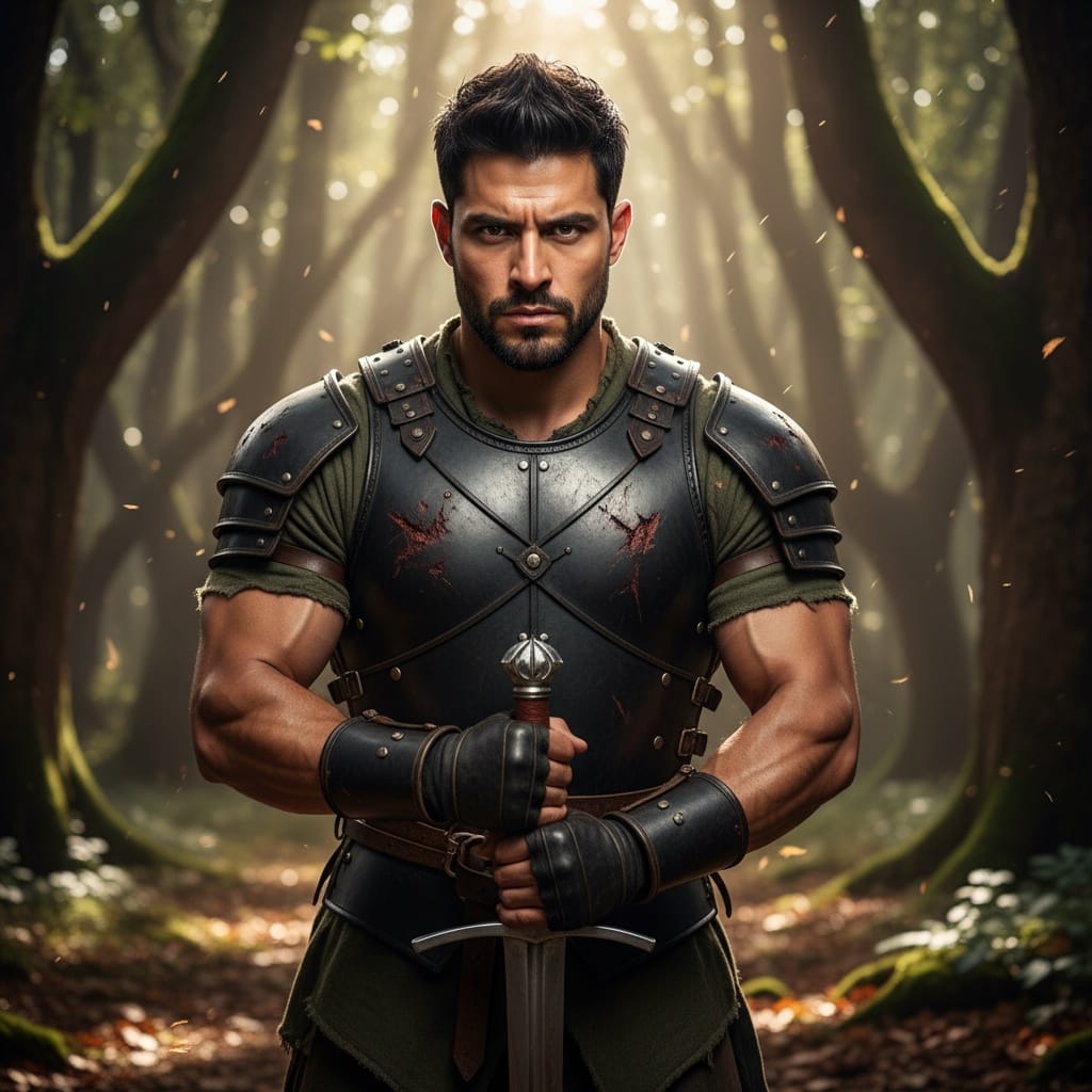 athletic latino man medieval warrior forest clearing 48246125
