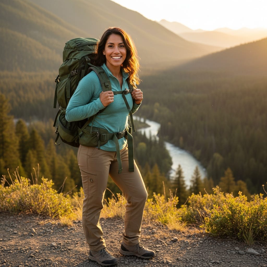 athletic latino woman backpacking adventure portrait 47185762