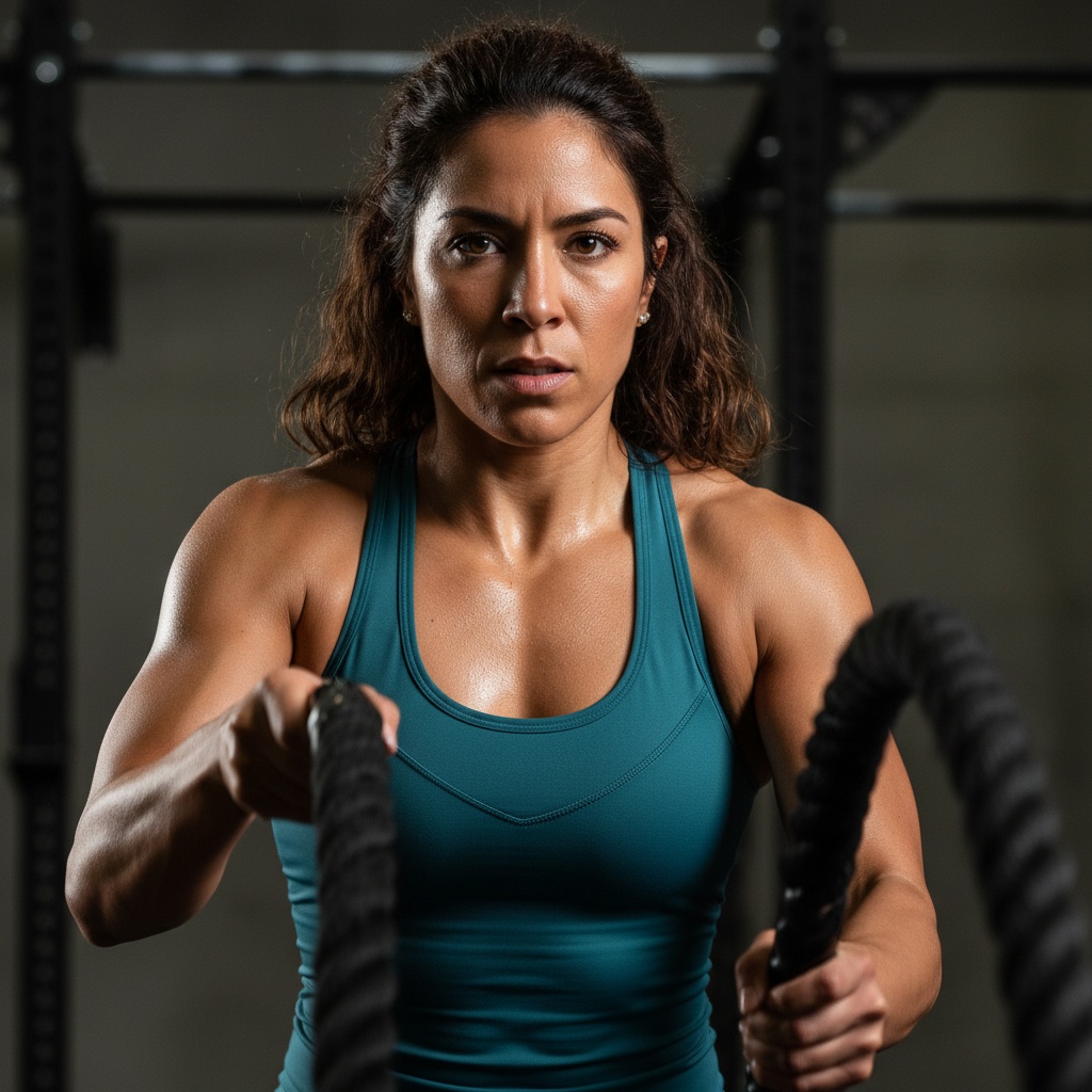 athletic latino woman battle ropes intensity closeup 73352684