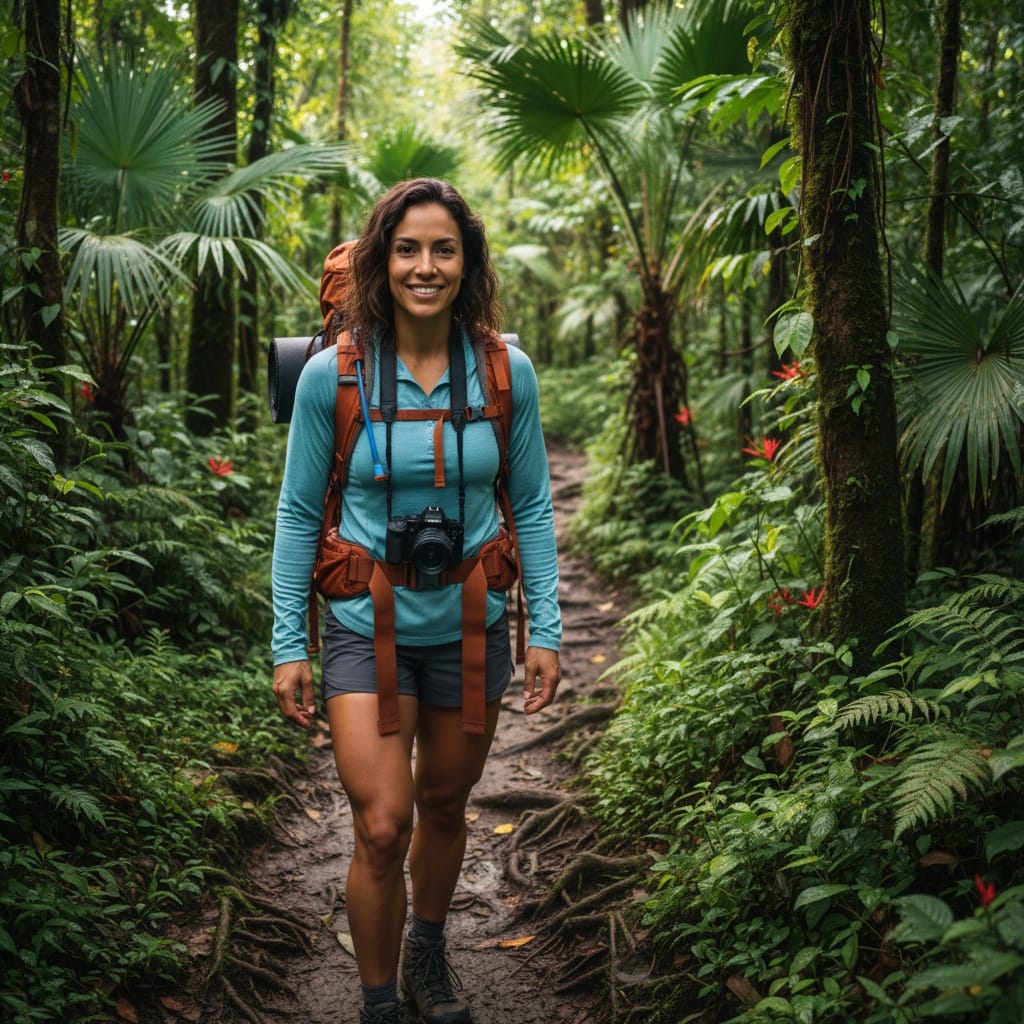 athletic latino woman rainforest hiking trail portrait 78803915