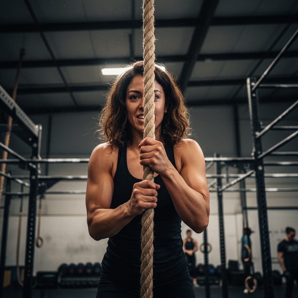 athletic latino woman rope climb gritty determination 97003911