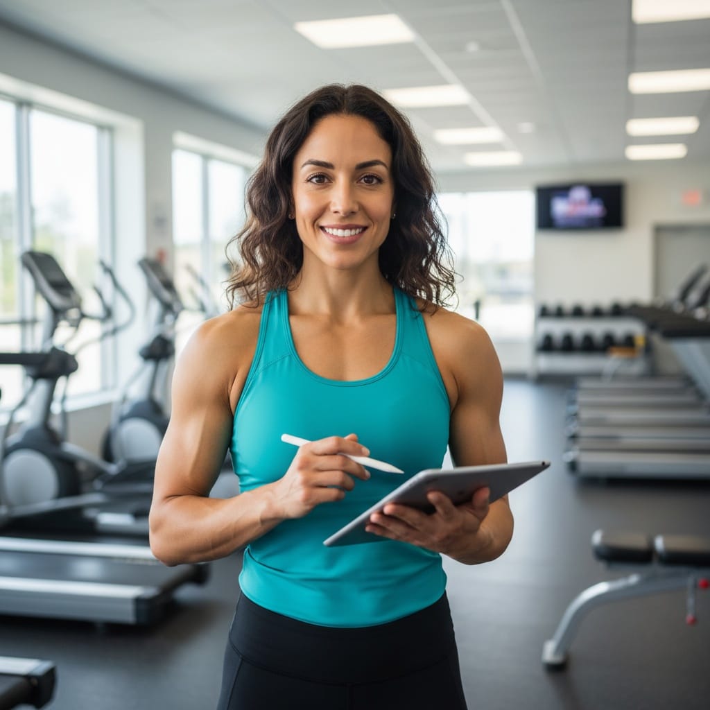 athletic latino woman testimonial client interaction 85504195