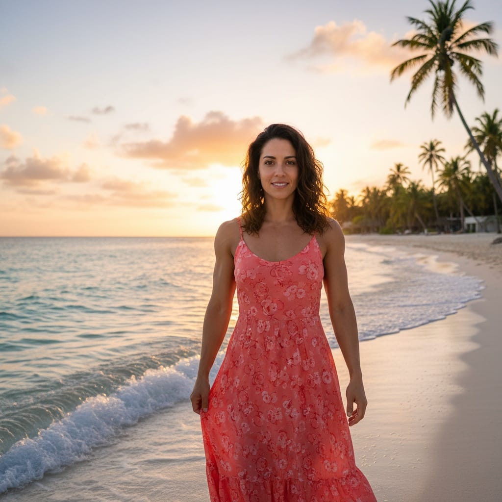 athletic latino woman walking along shoreline sunset 33016116