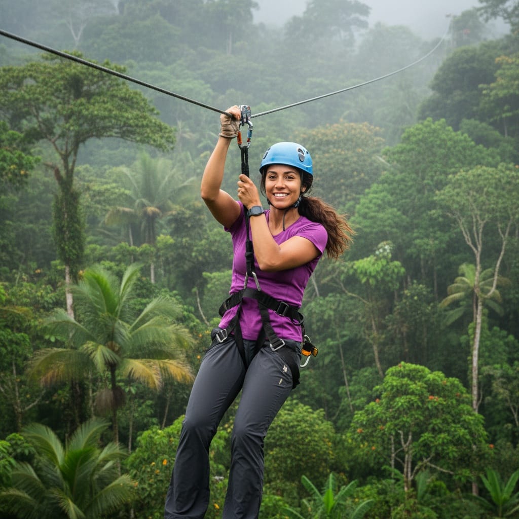 athletic latino woman zip lining through rainforest canopy 31248436