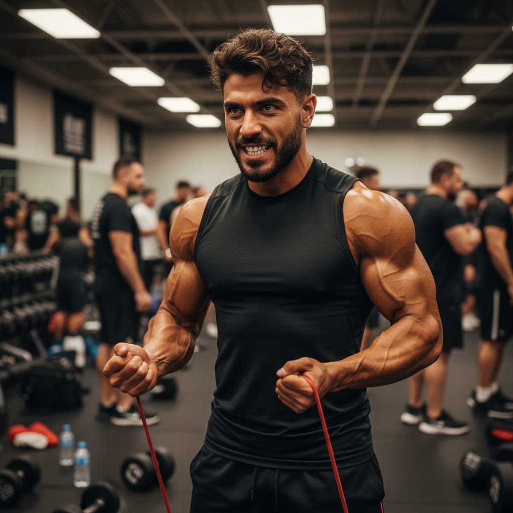 athletic middle_eastern man backstage pump up warmup 92183973