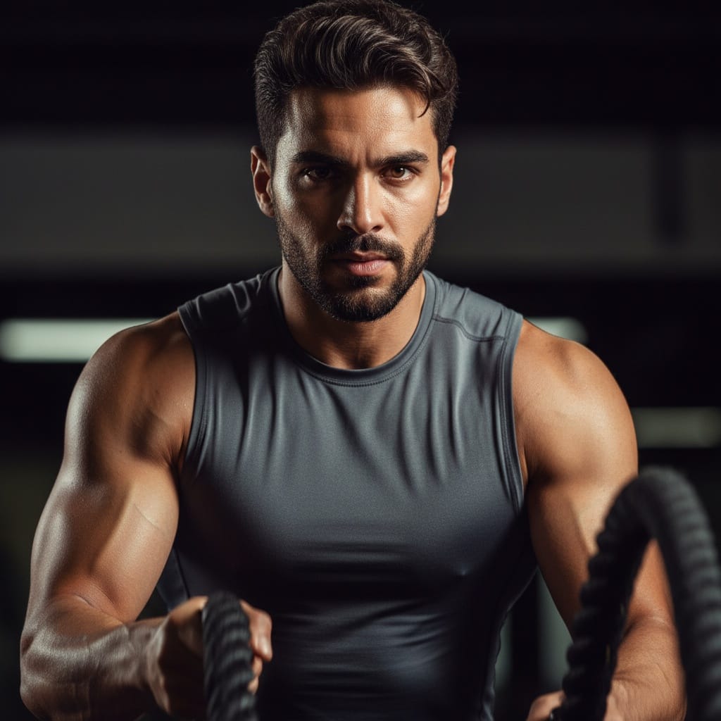 athletic middle_eastern man battle ropes intensity closeup 89569649