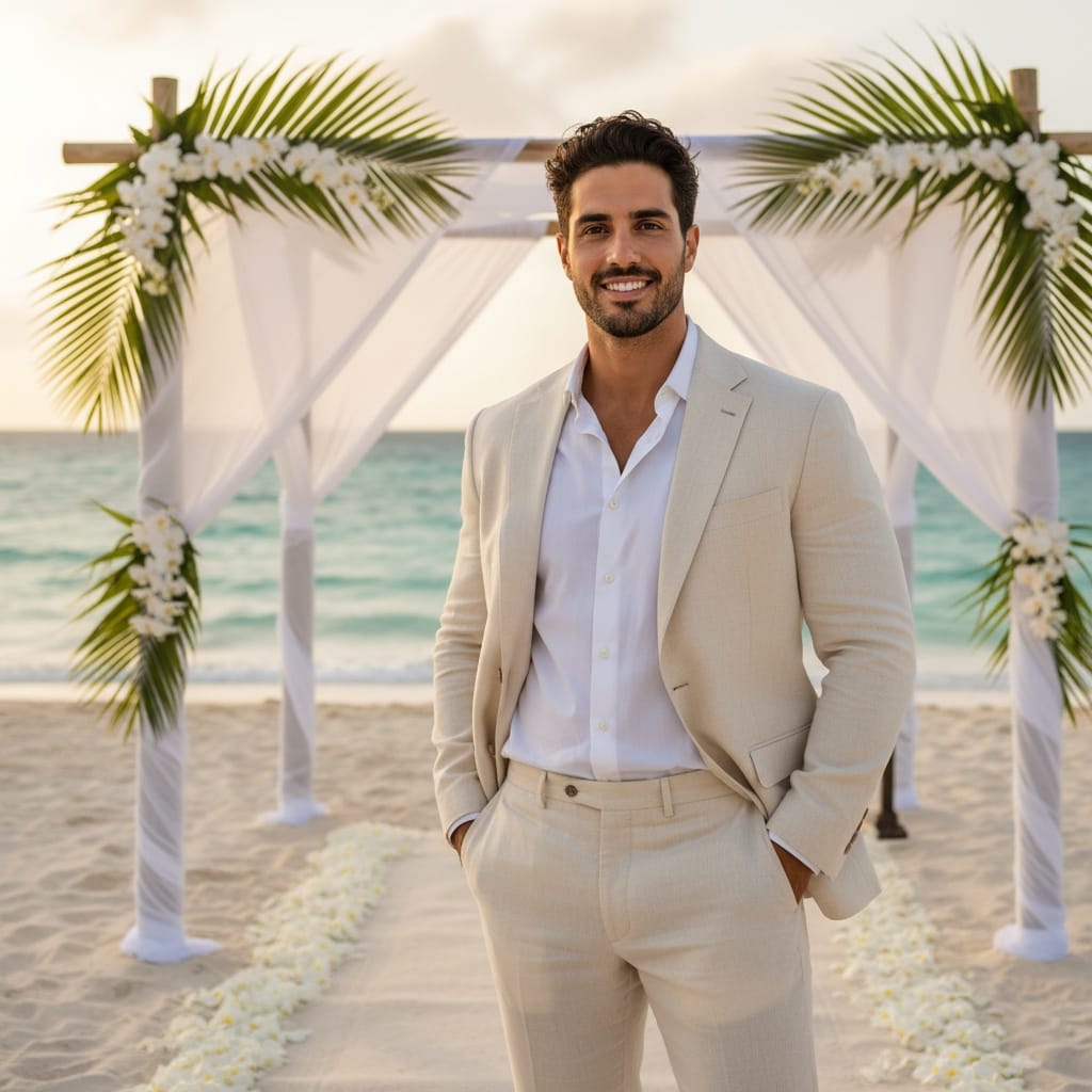 athletic middle_eastern man beach ceremony altar shot 92907771