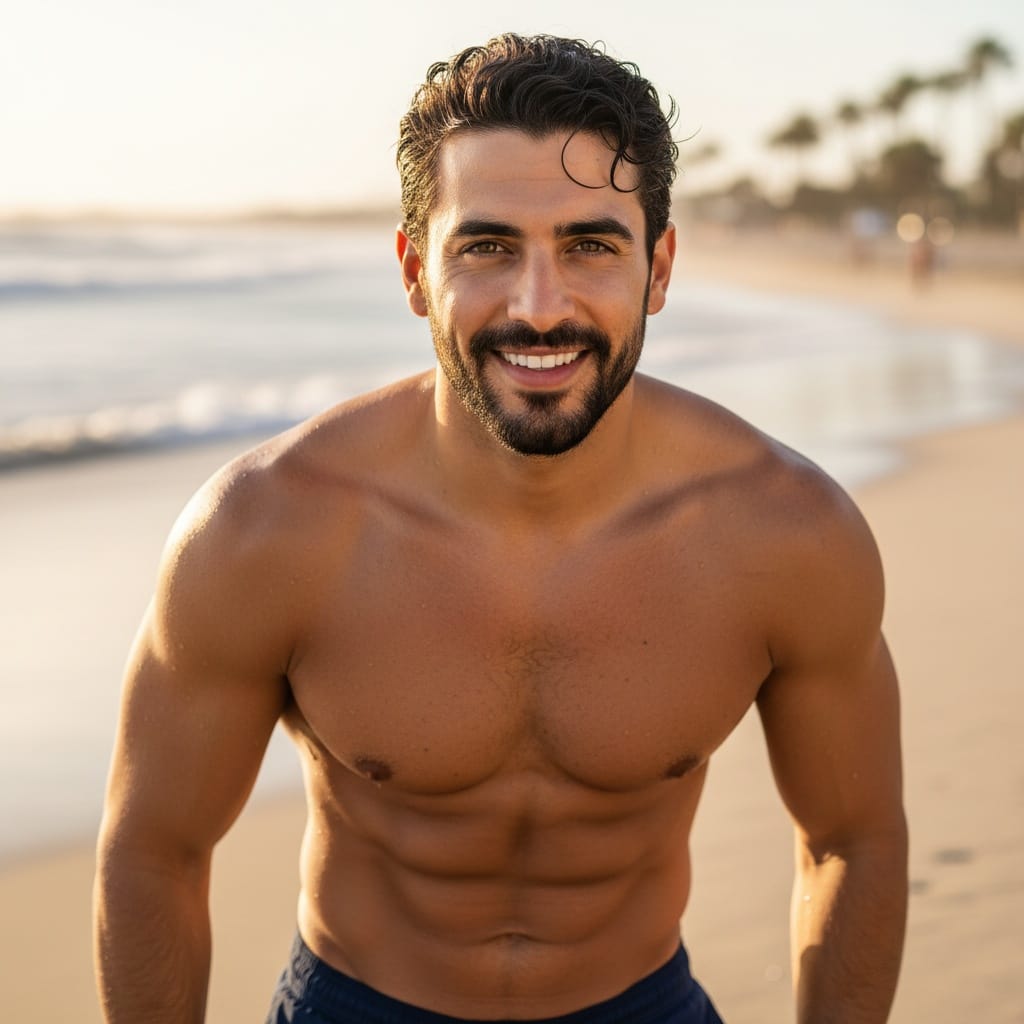 athletic middle_eastern man beach golden hour portrait 14496063
