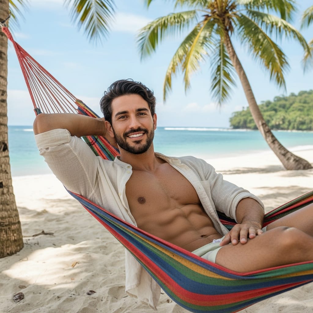 athletic middle_eastern man beach hammock relaxation 69731798