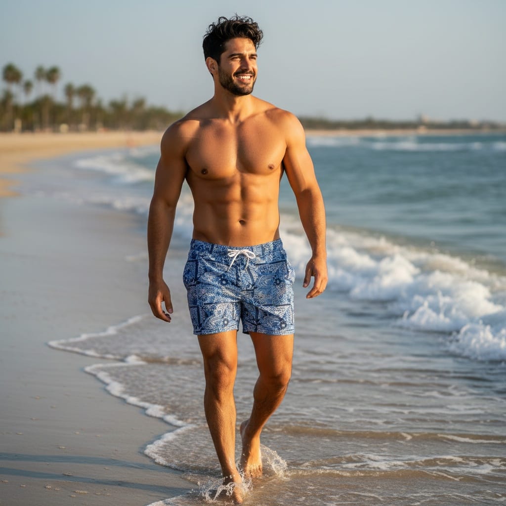 athletic middle_eastern man beach walking candid shot 10477439