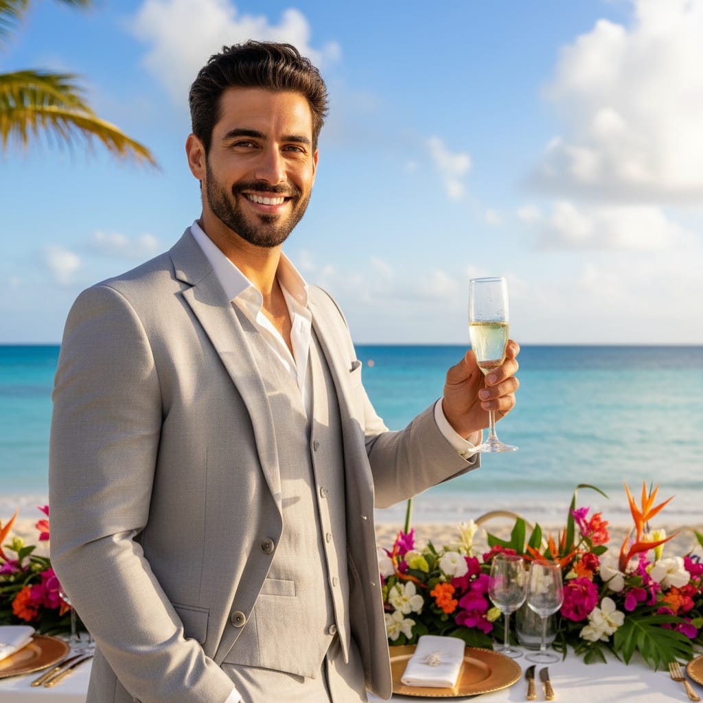 athletic middle_eastern man beachfront champagne celebration 45561545