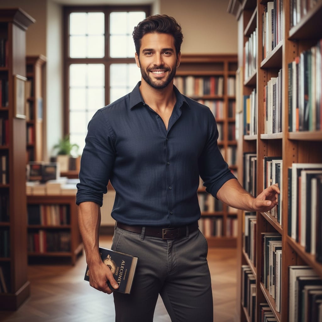 athletic middle_eastern man bookstore library intellectual 56351099