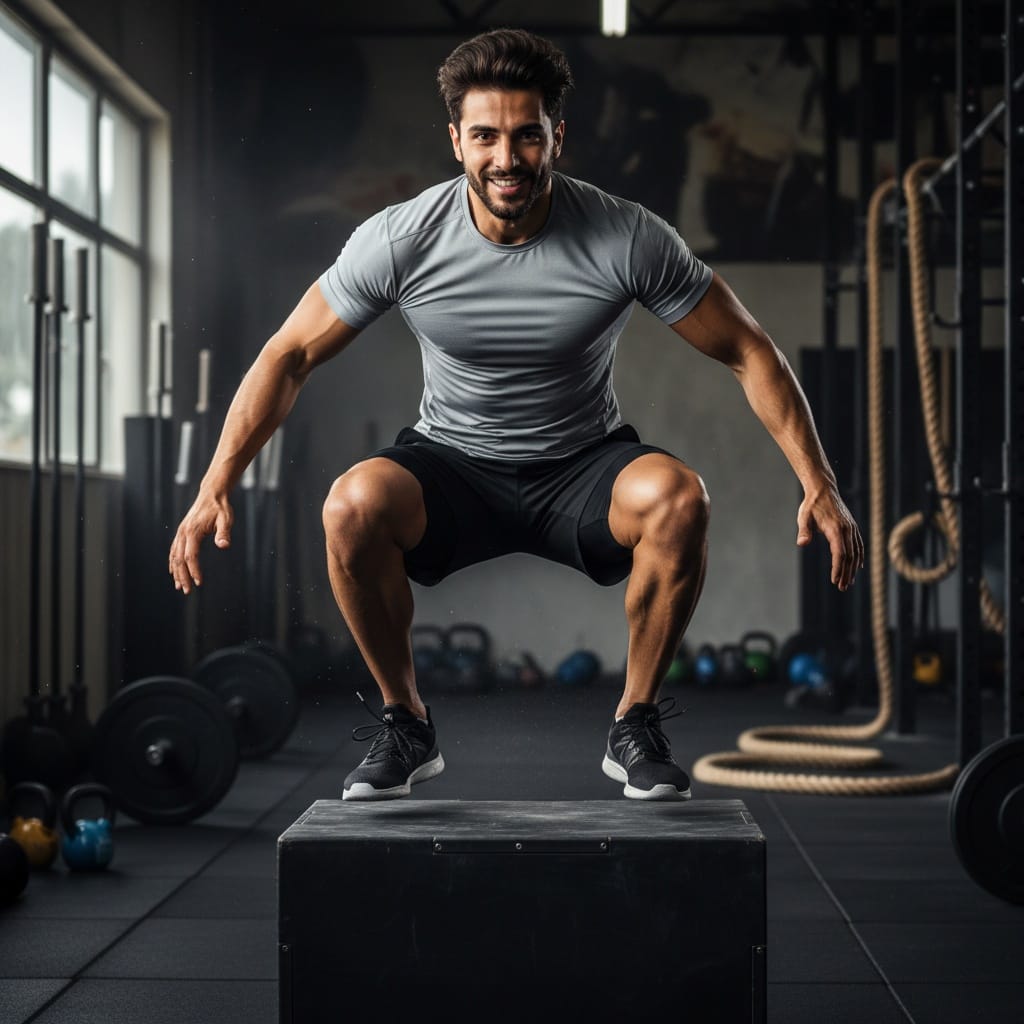 athletic middle_eastern man box jump explosive moment 36215011