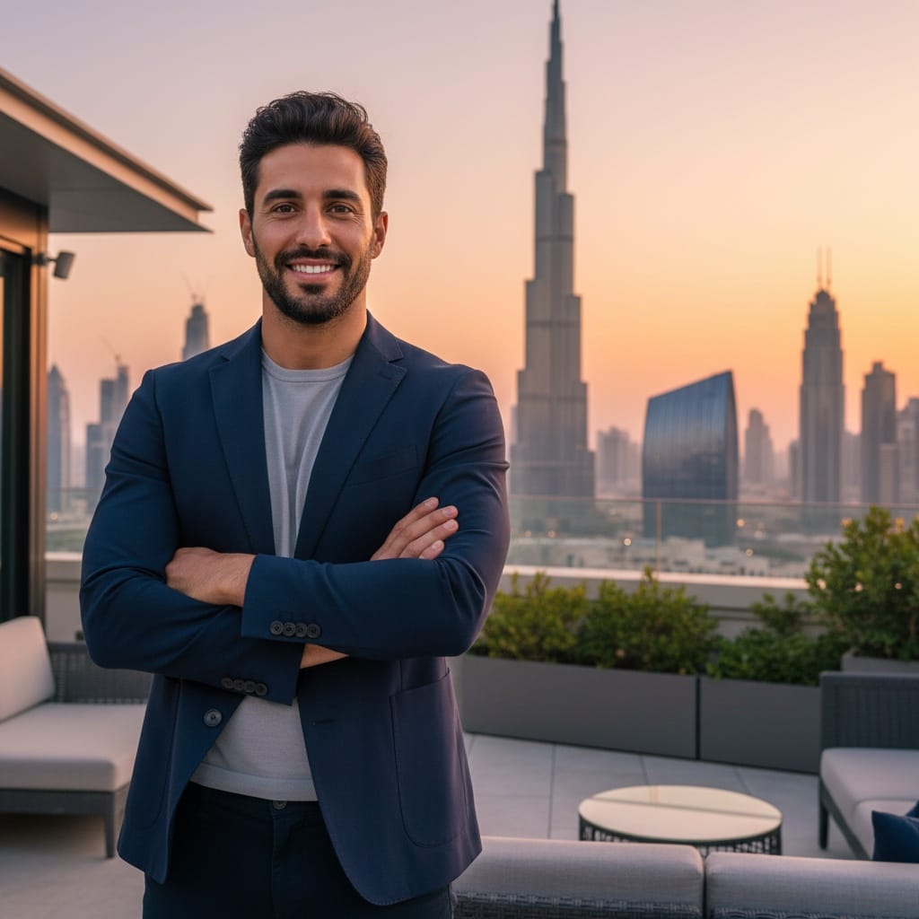 athletic middle_eastern man burj khalifa rooftop sunset 25864729