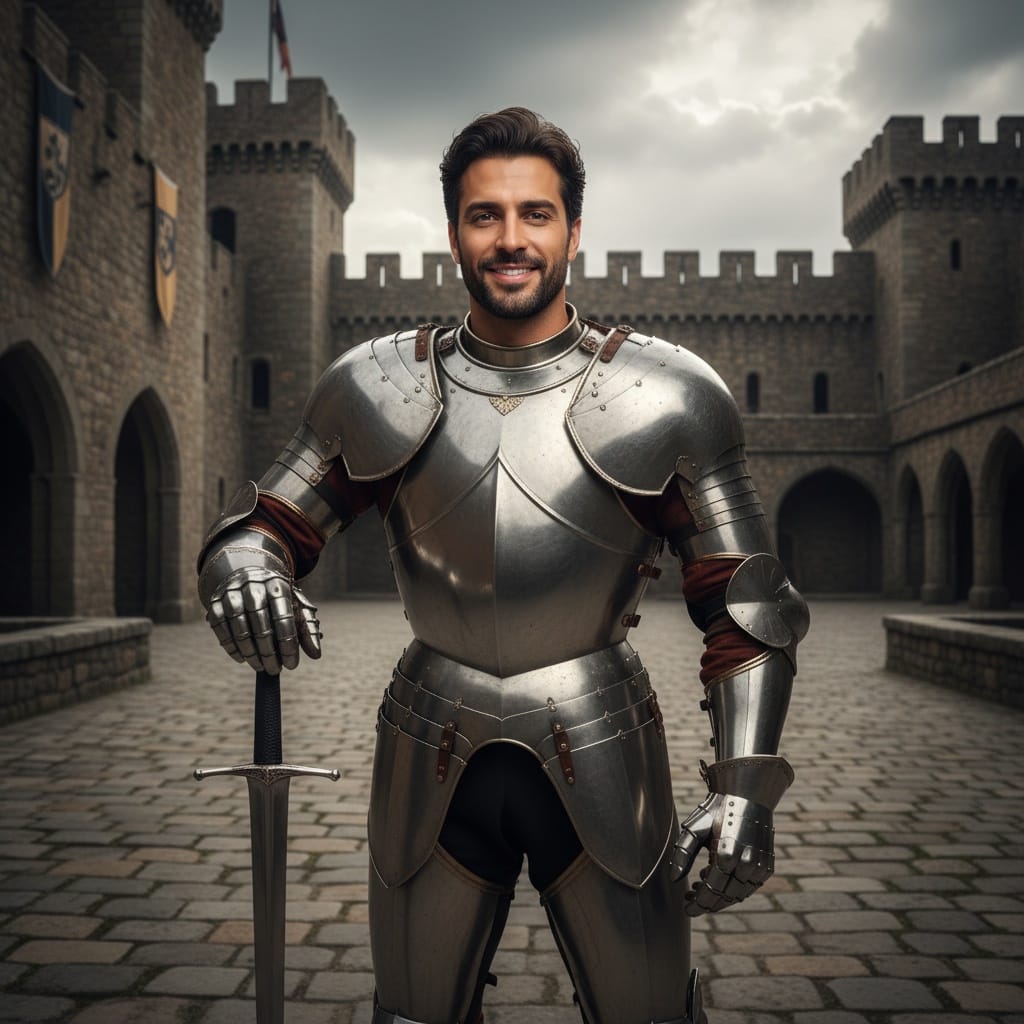 athletic middle_eastern man castle courtyard full armor 37328147