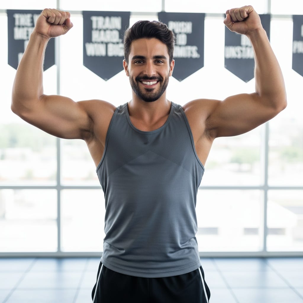 athletic middle_eastern man celebration achievement pose 75297189