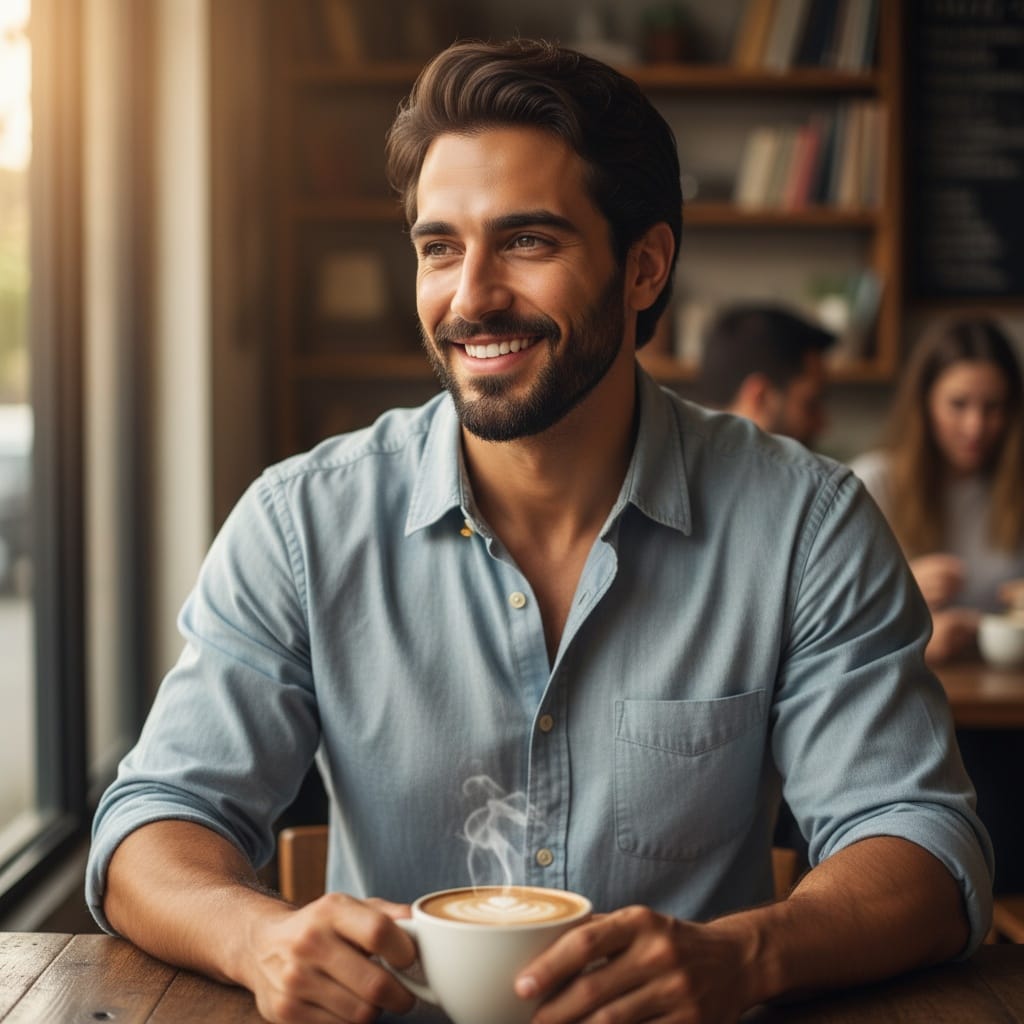 athletic middle_eastern man coffee shop casual smile 34354792