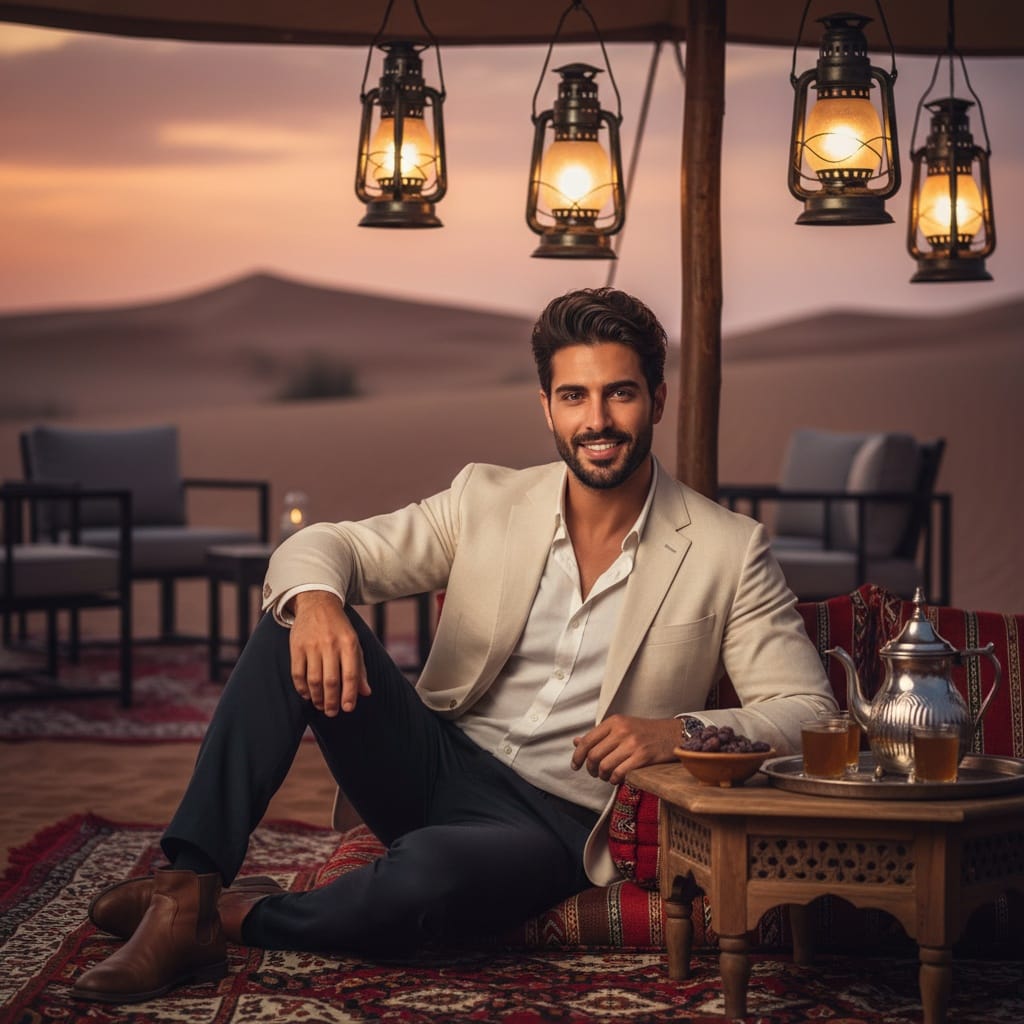 athletic middle_eastern man desert luxury camp evening 32870849