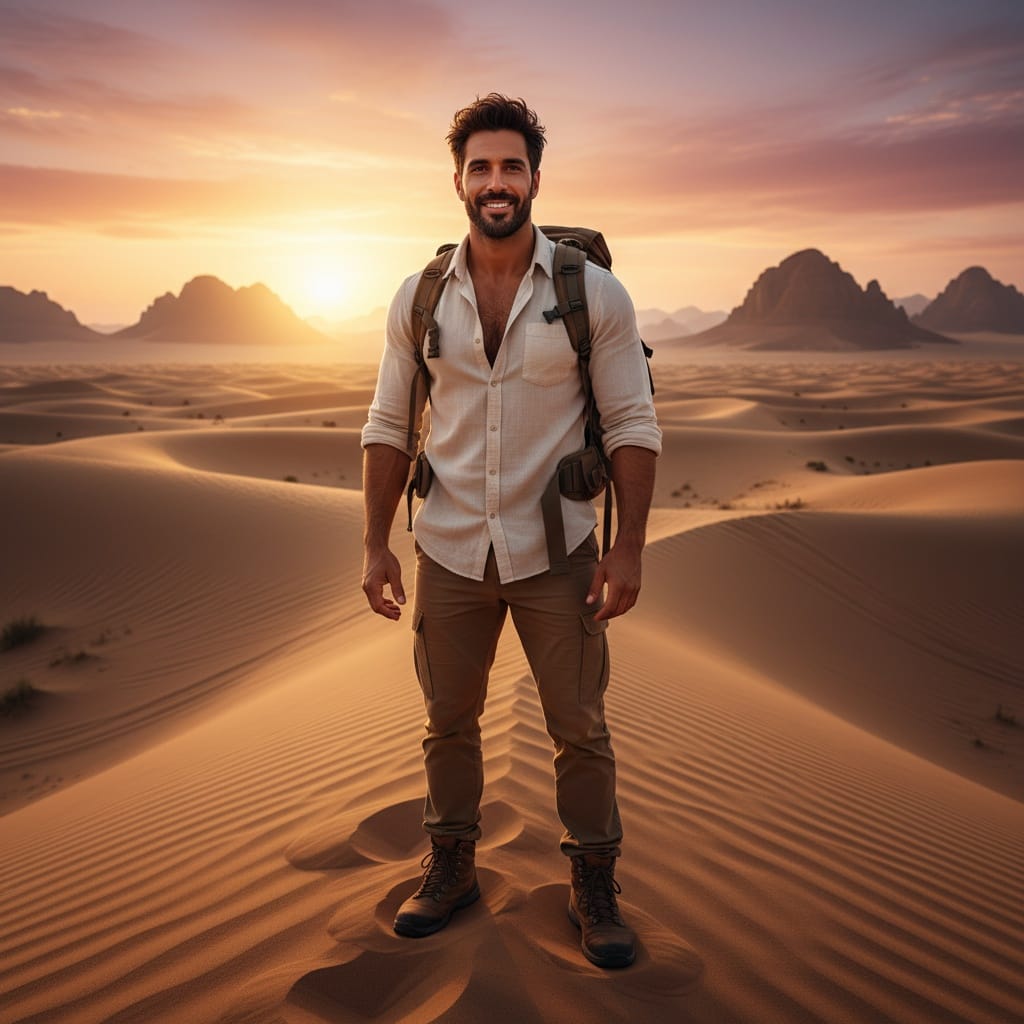 athletic middle_eastern man desert safari golden dunes 56511983