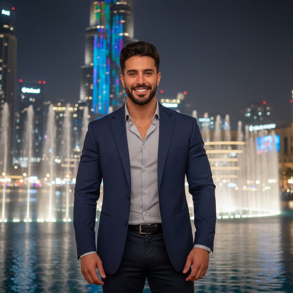 athletic middle_eastern man downtown dubai fountain show 21462290