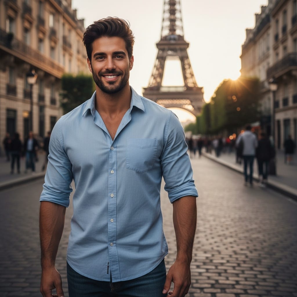 athletic middle_eastern man eiffel tower sunset portrait 76334006