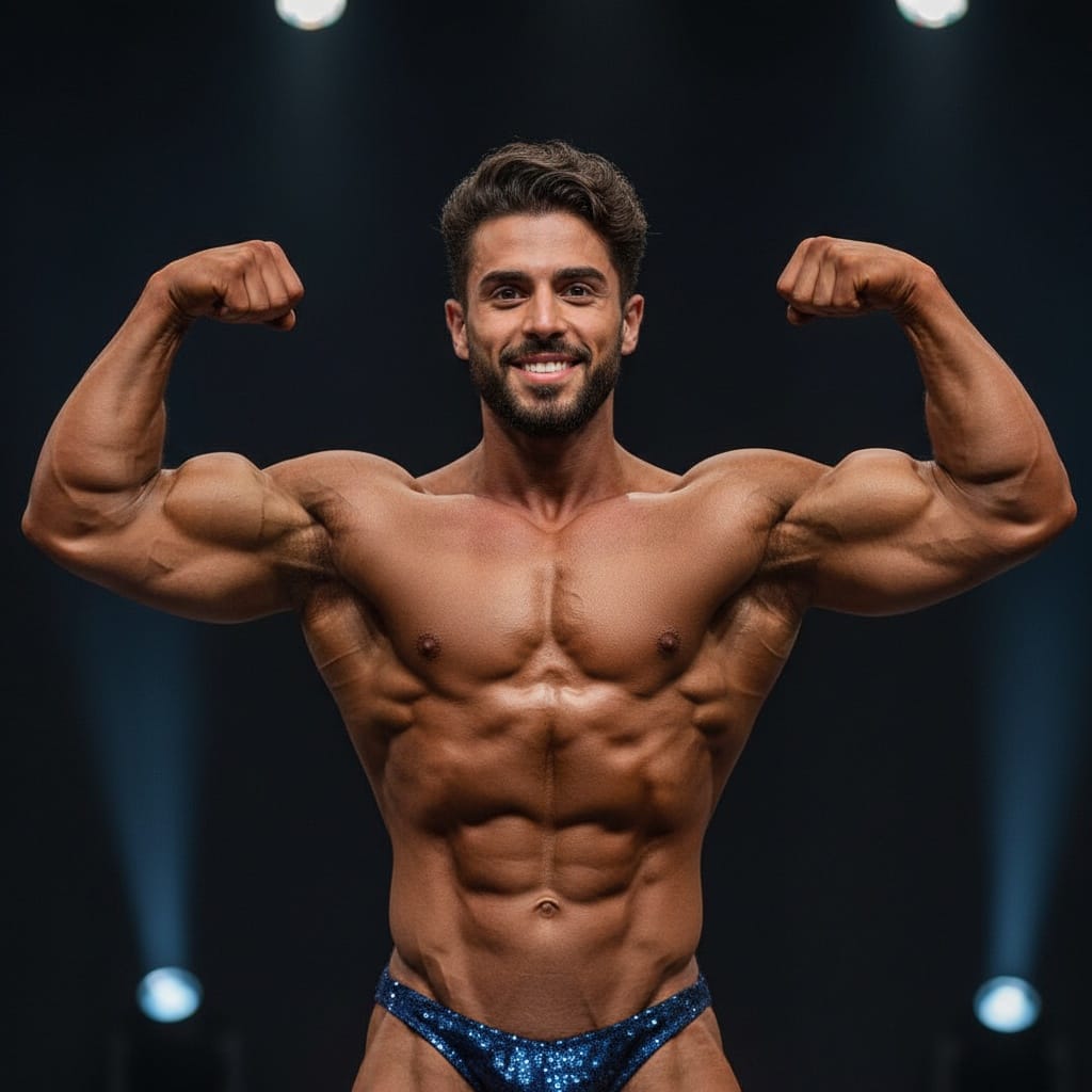 athletic middle_eastern man front double biceps stage 51075094