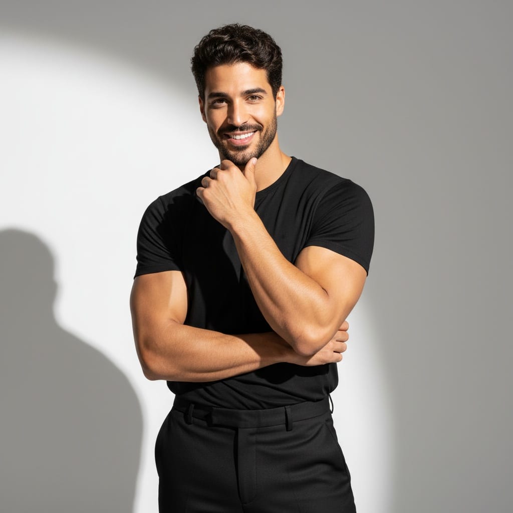 athletic middle_eastern man high fashion minimalist studio 63427845