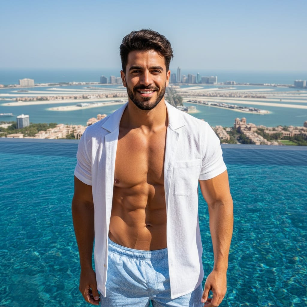 athletic middle_eastern man infinity pool palm jumeirah 62367566