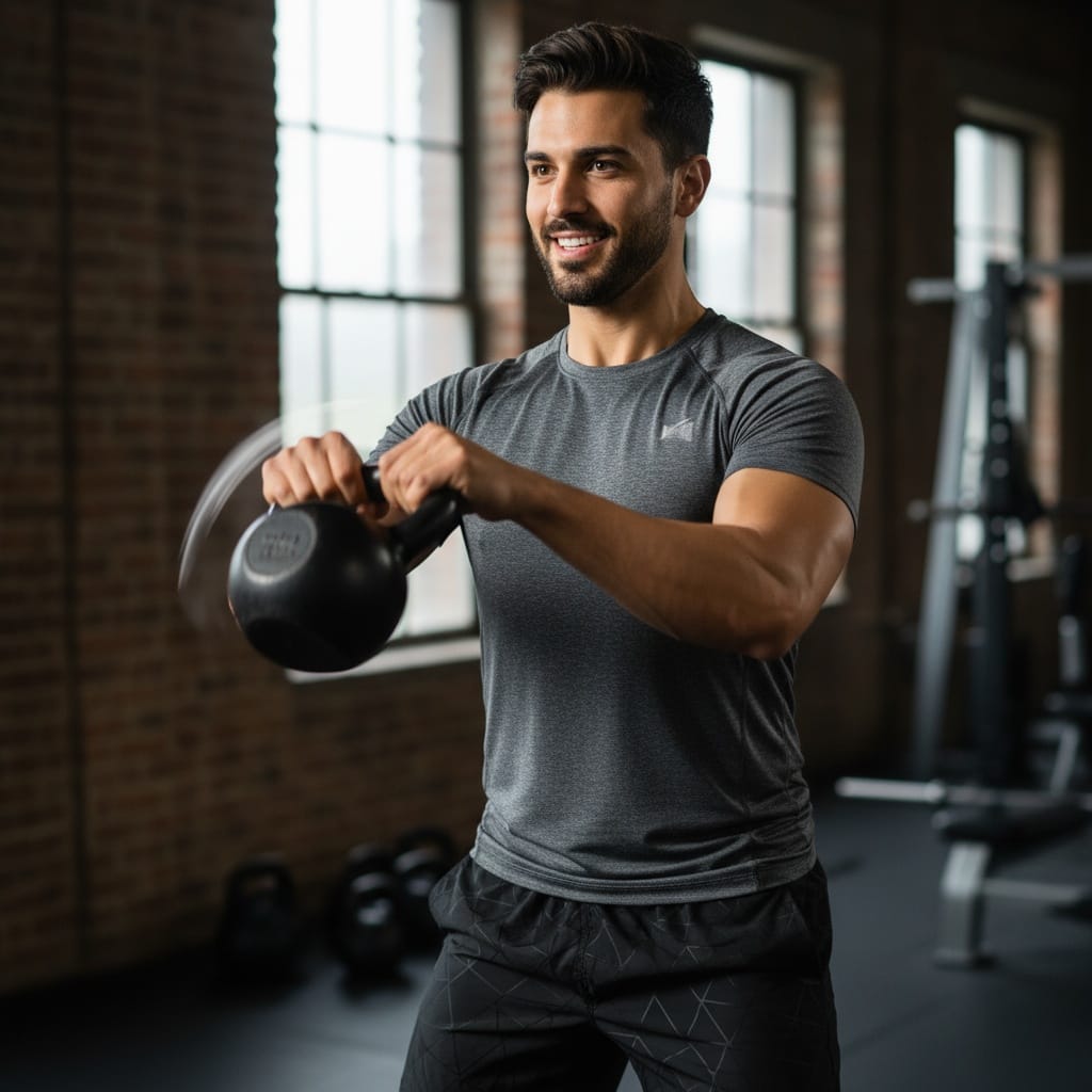 athletic middle_eastern man kettlebell swing dynamic motion 33786140