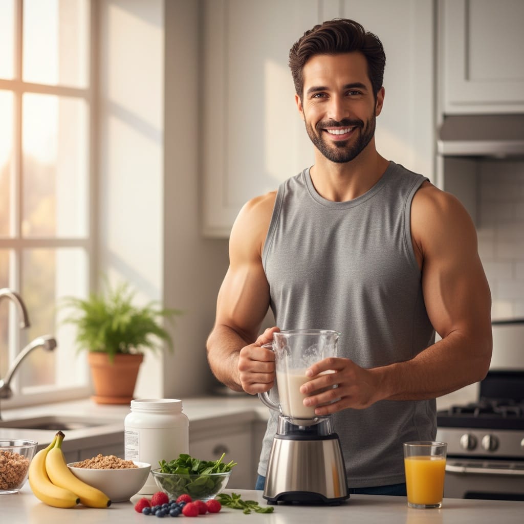 athletic middle_eastern man kitchen protein shake prep 24213150