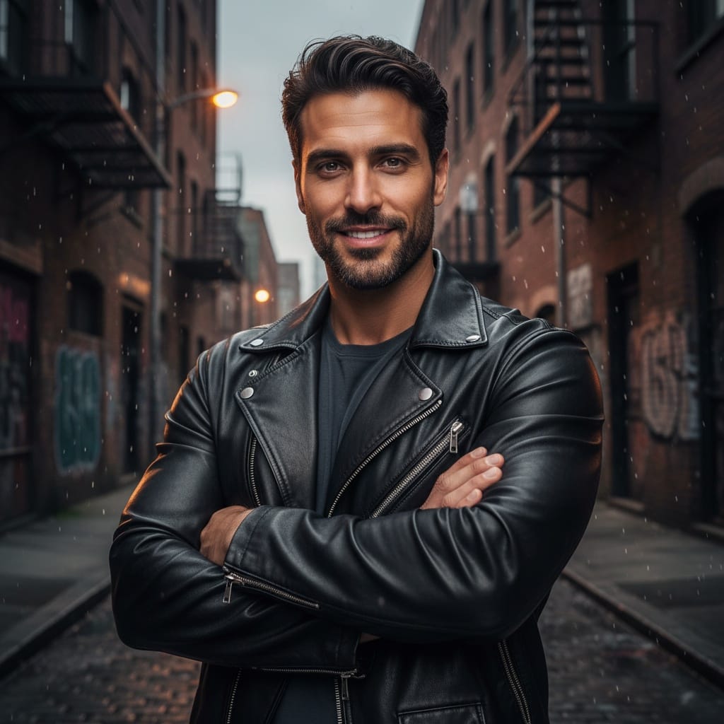 athletic middle_eastern man leather jacket hero pose 99974849