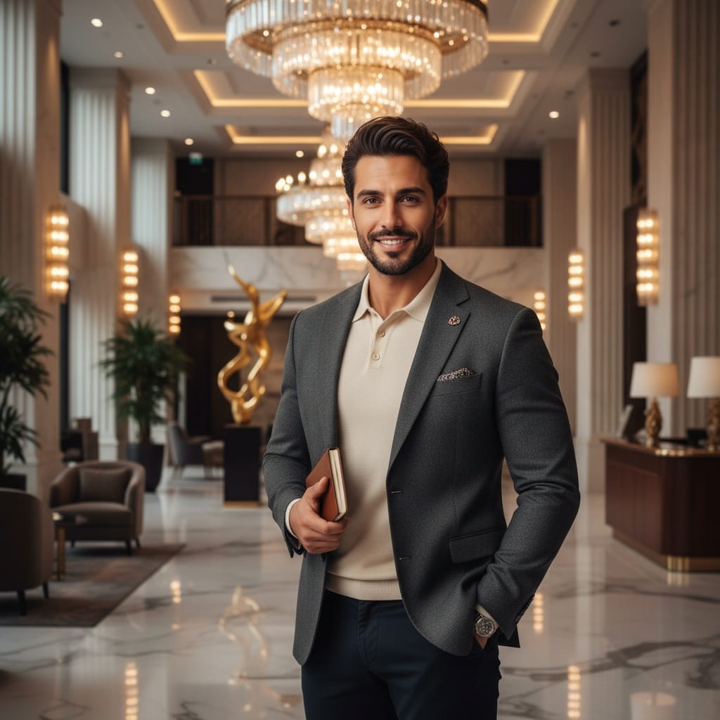 athletic middle_eastern man luxury hotel lobby marble 47051711