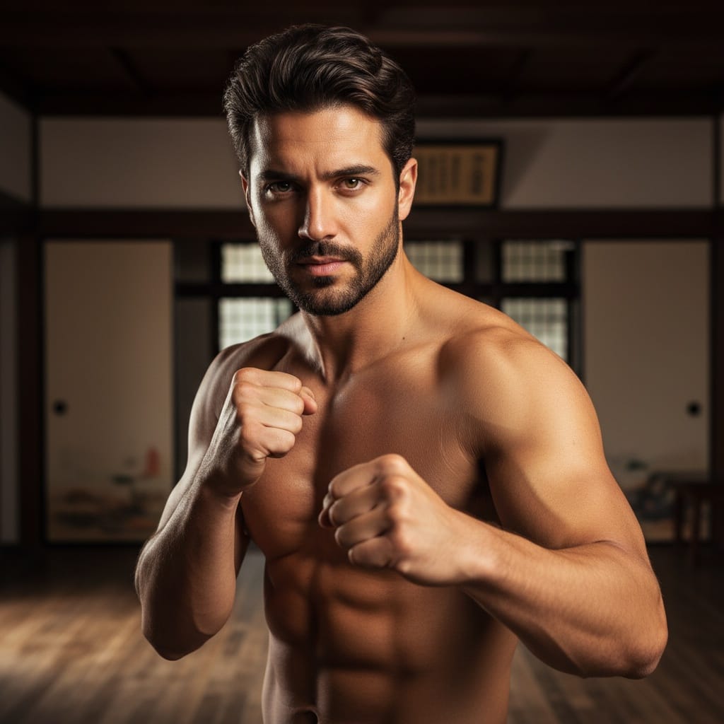 athletic middle_eastern man martial arts fighter stance 61394753