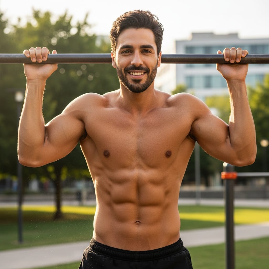 athletic middle_eastern man outdoor bodyweight training 10477299