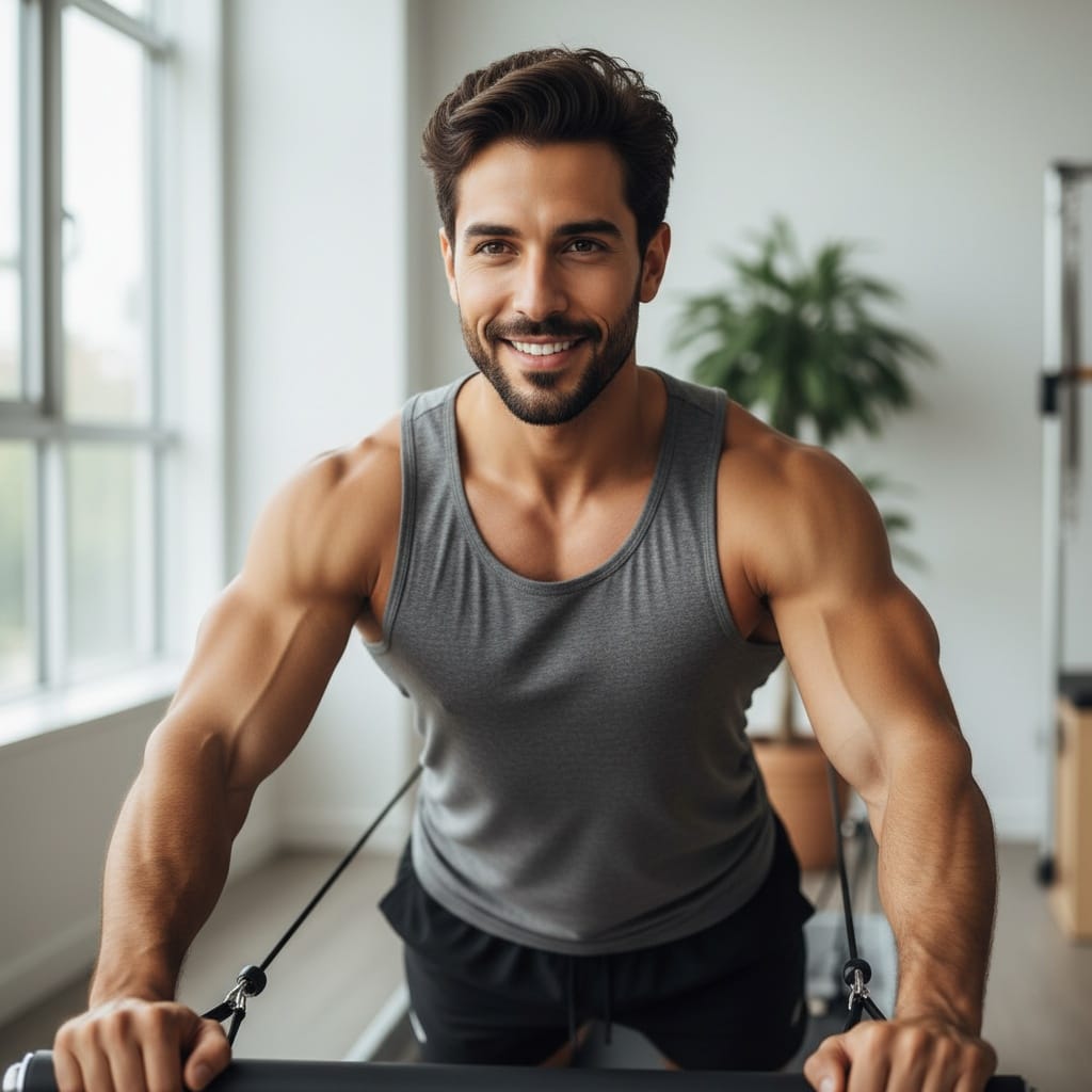 athletic middle_eastern man reformer pilates workout 87367668