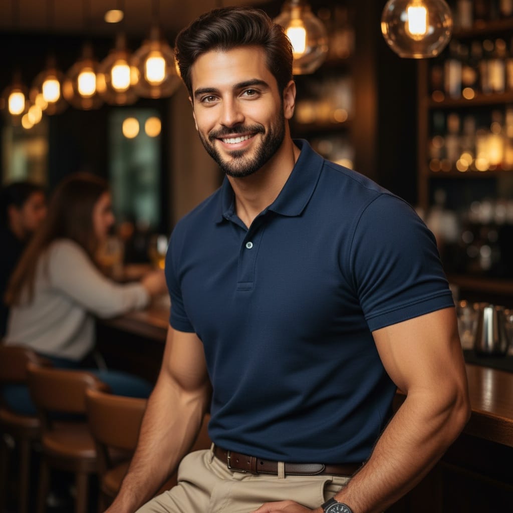 athletic middle_eastern man restaurant bar social setting 69943917