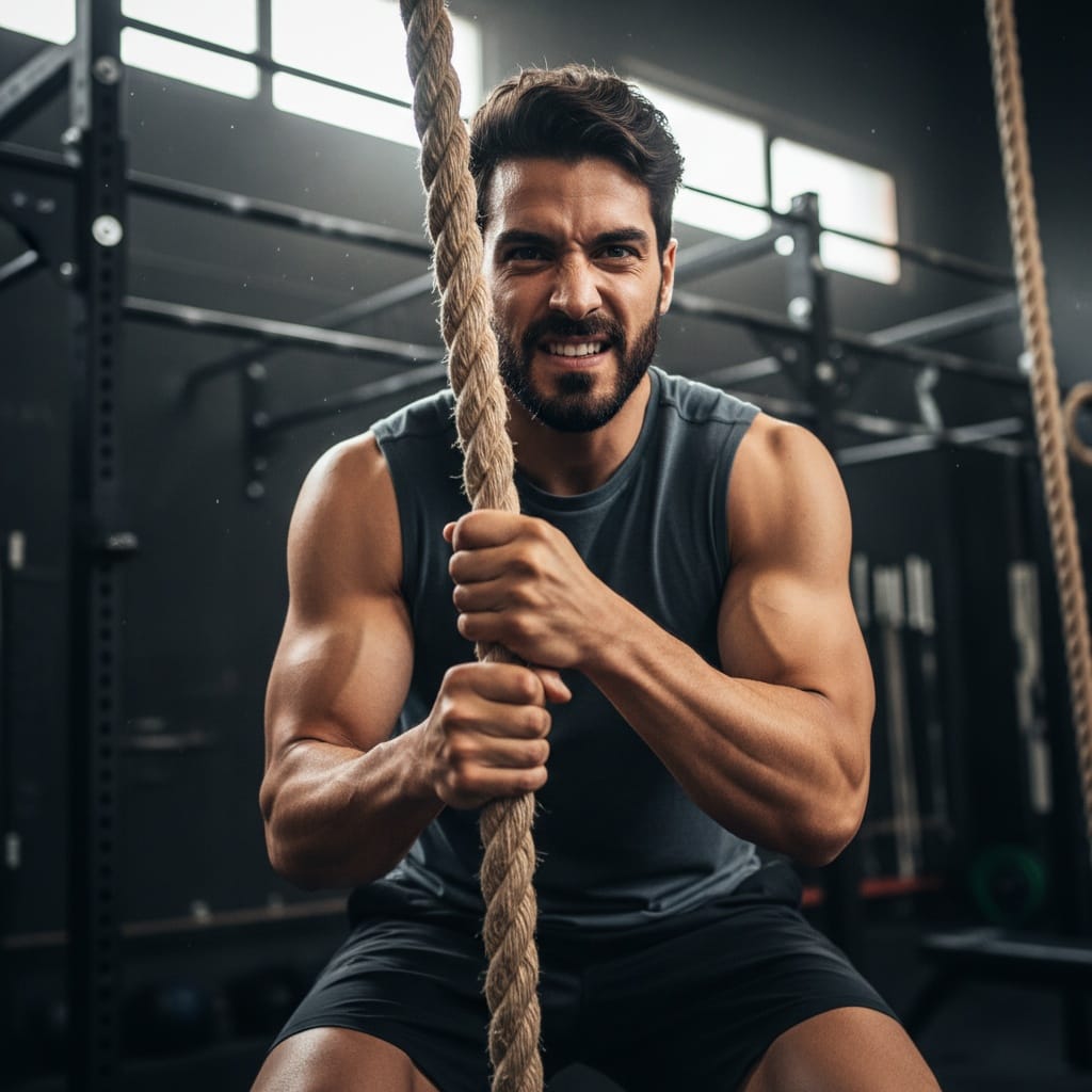 athletic middle_eastern man rope climb gritty determination 28400146