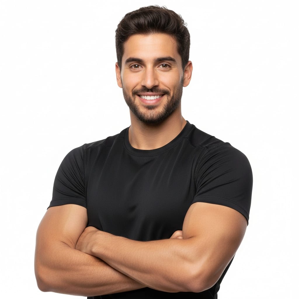 athletic middle_eastern man studio portrait confident pose 64936170