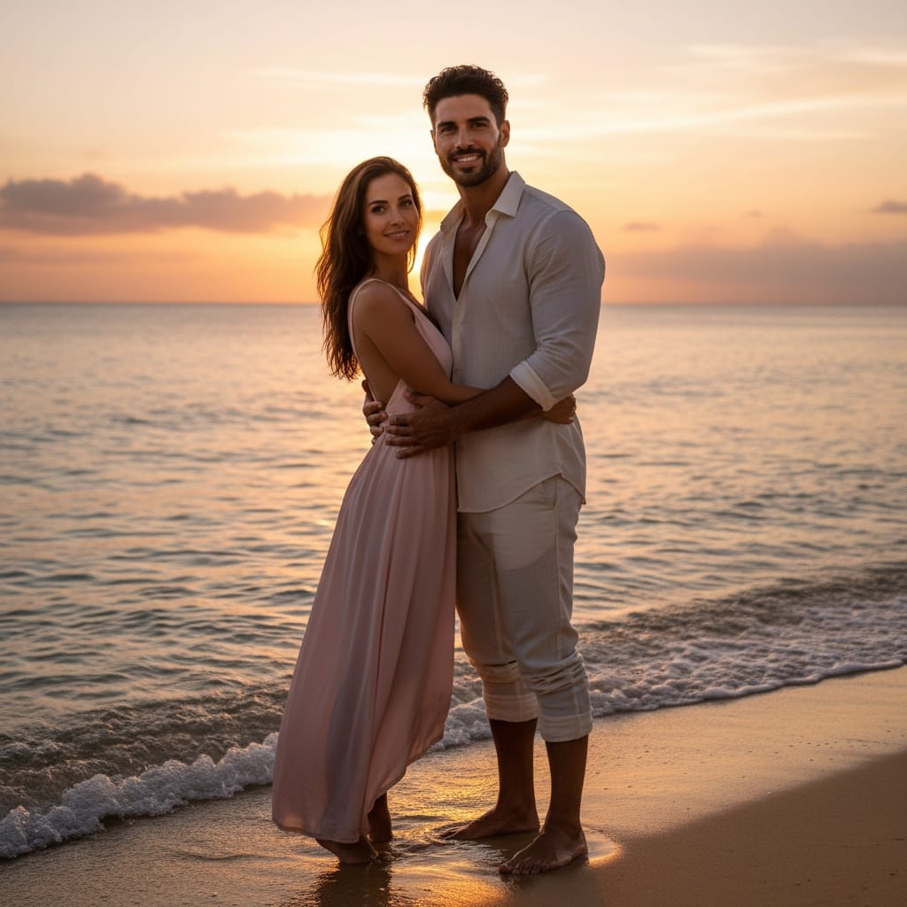 athletic middle_eastern man sunset beach couple portrait 71383796