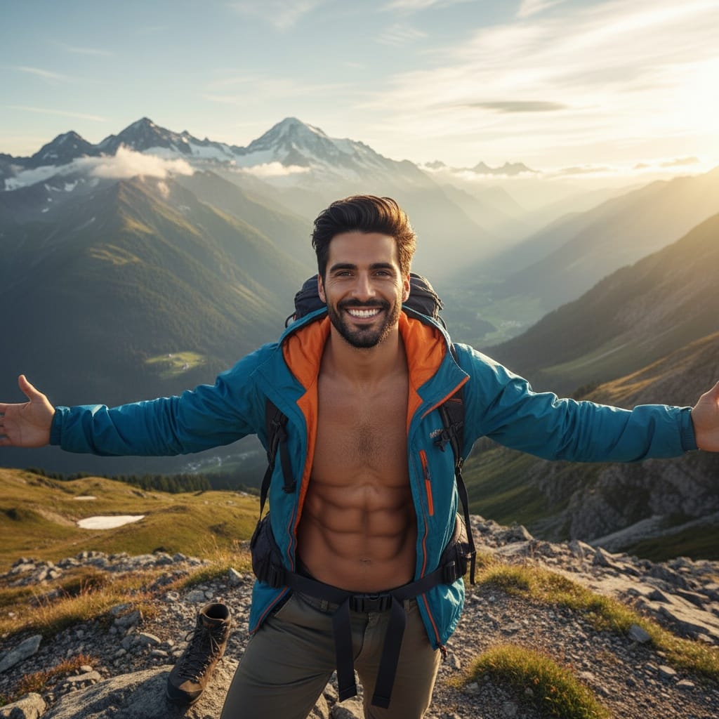 athletic middle_eastern man swiss alps mountain view 62435622