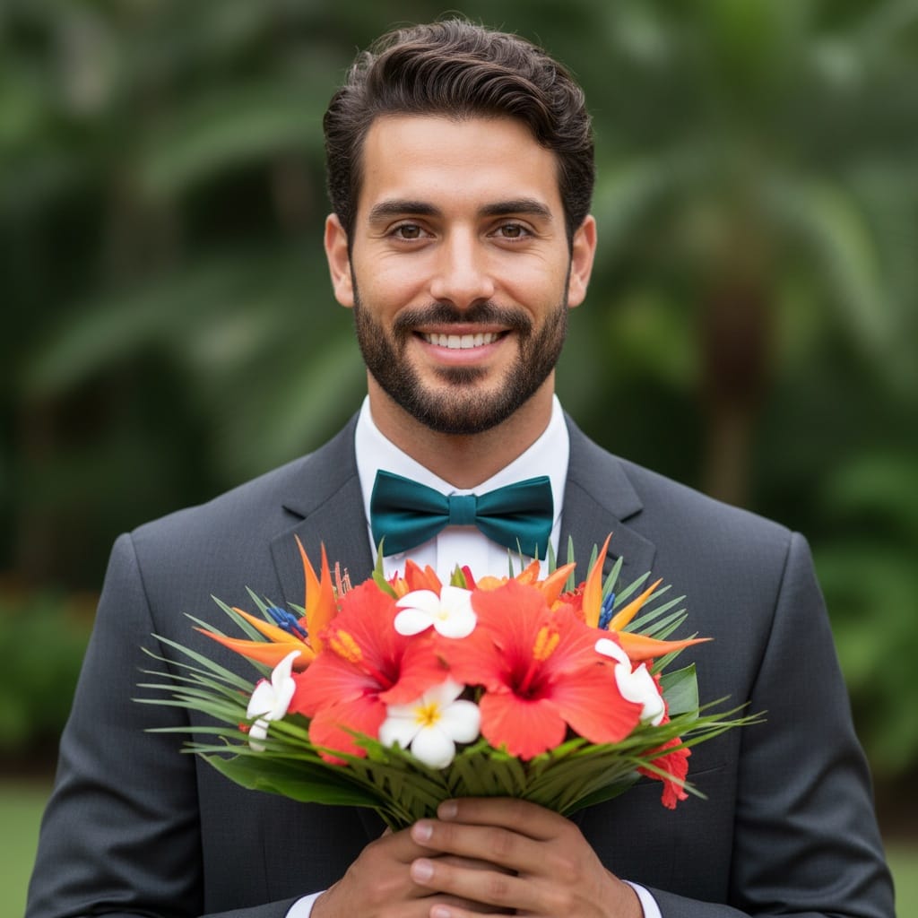 athletic middle_eastern man tropical flower close up moment 32010639